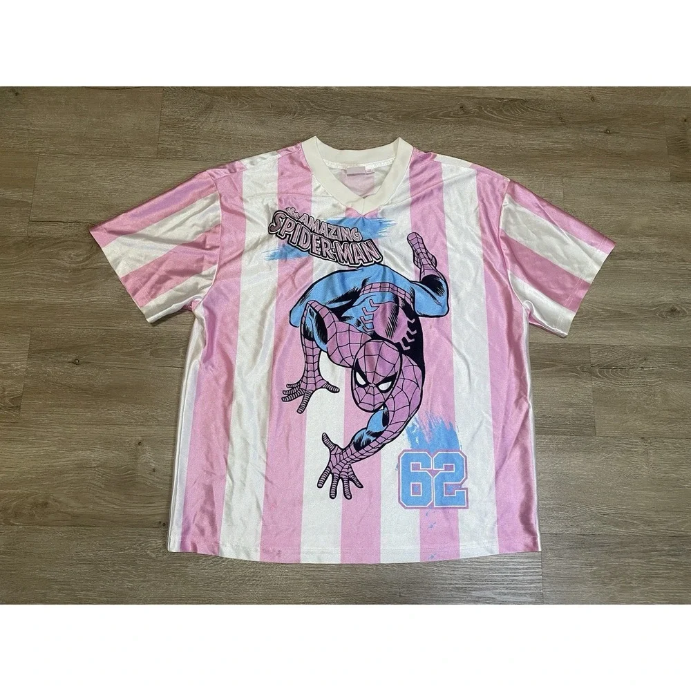 The Amazing Spider-Man Jersey Women's Sz L Oversized Pink Shirt Striped - Picture 1 of 7